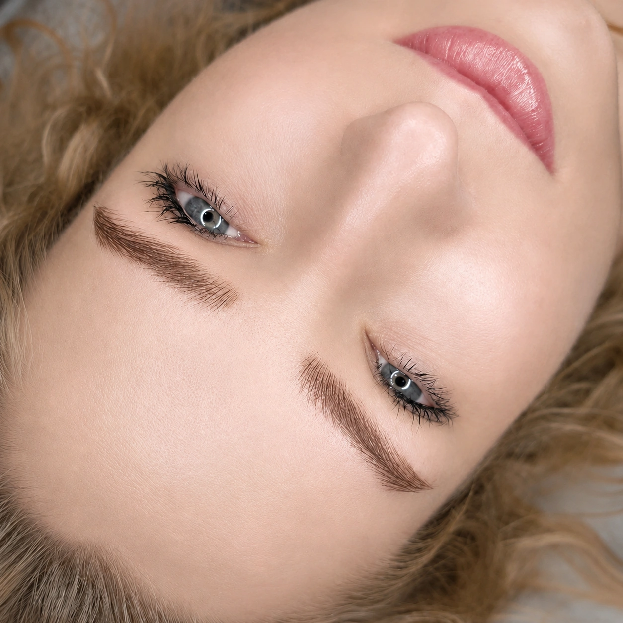 Detal brwi permanentnych wykonanych techniką Silky Hairstroke Brows
